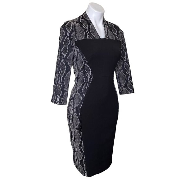 French Connection Black Snake Skin Print Sheath Dress, 3/4-Sleeve Women's Size 6 - Picture 3 of 11